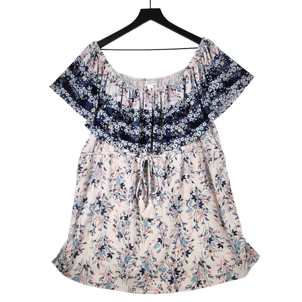 Motherhood Maternity Tunic Top XL Floral Feminine Layered Off-Shoulder Cottage